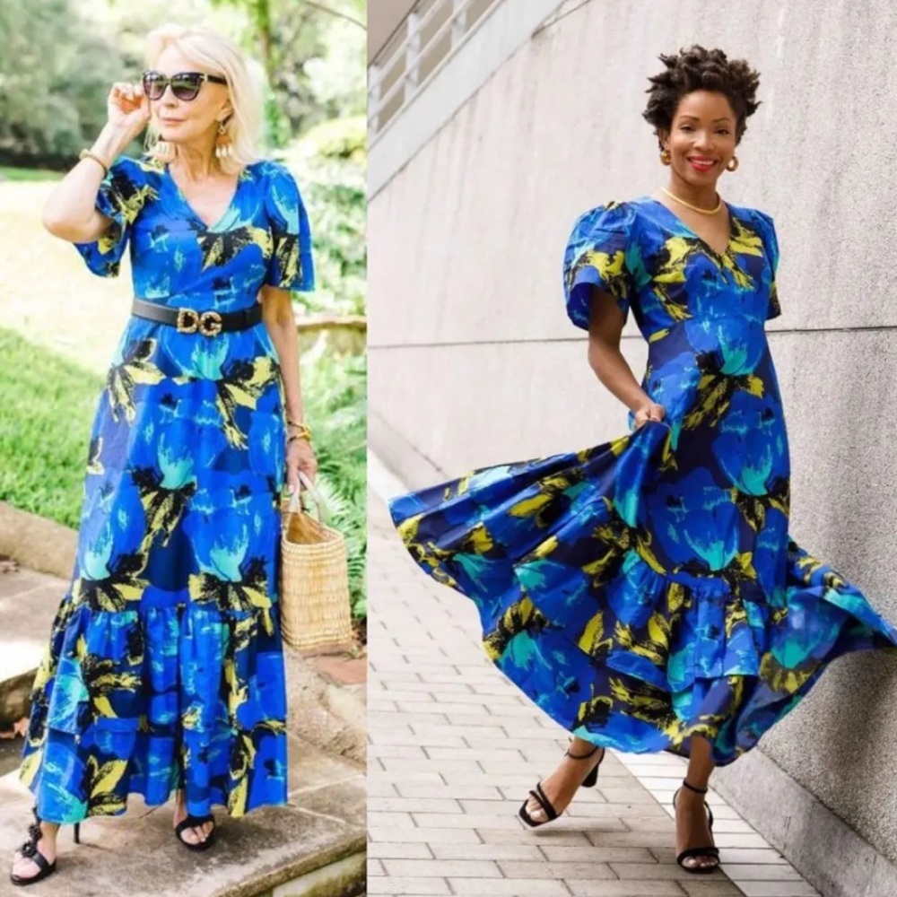 Christopher John Rogers Blue and Yellow Maxi Dress